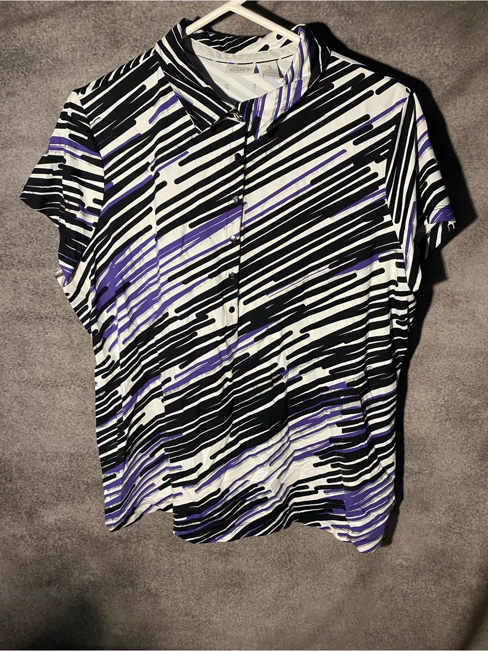 Chicos Zenergy Golf Womens Size 3 XL Polo Shirt Snap Front Purple Black Stripe